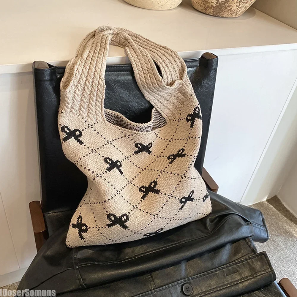 Large Capacity Knitted Bag Fashion Women's Summer Handmade Crochet Tote Handbag Bow Printed Knitting Shoulder Bag