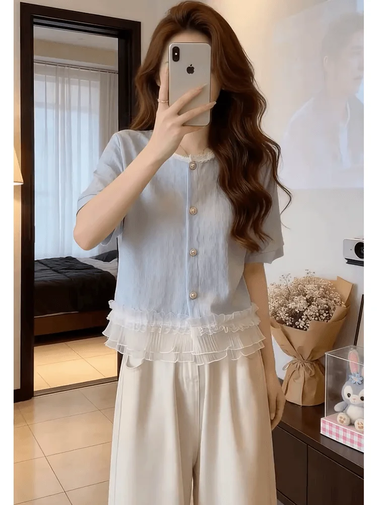 

Casual Style round Neck Lace Patchwork Short Sleeve Shirt Women's Fashion Design Spring Summer New Arrival Elegant Top
