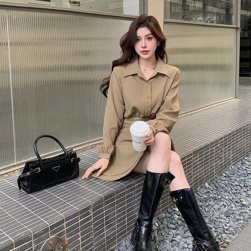 Robe Chemise Française Décontractée à Manches sulfpour Femme, Jupe Courte, Taille Plissée, Bords à Volants, Tempérament de Dégradation, Nouvelle Collection Printemps