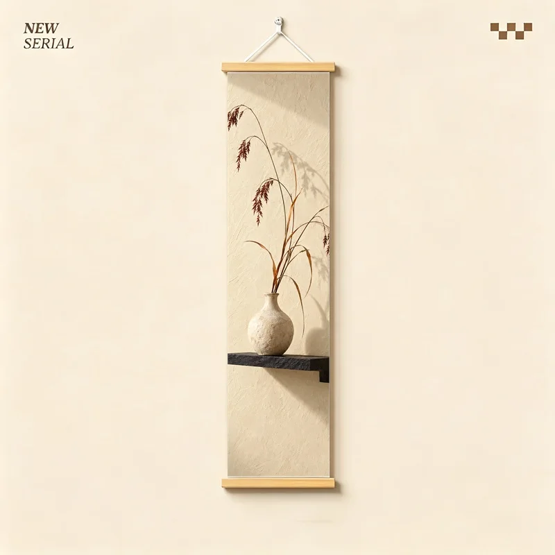 Wall Decor Red Sedge and Dandelion Seed, Serene Wabi-Sabi Botanical Silver Shimmer Canvas Hanging Scroll for Reading Nook