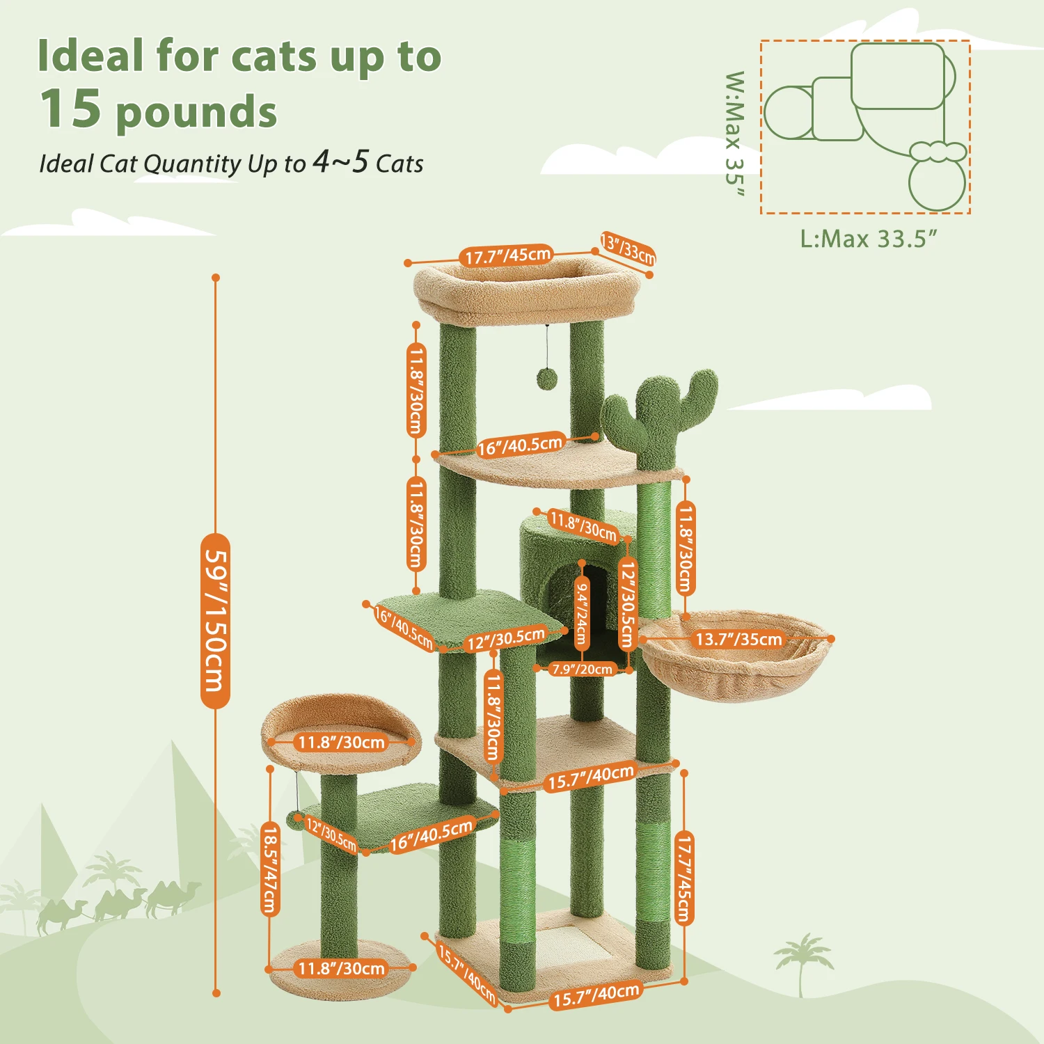 Imagem -06 - Grande Cactus Tree Tower para Interior com Tier Condomínio Espaçoso Hammock Acolhedor Arranhando Post Poleiros Verde Altura 150 Centímetros