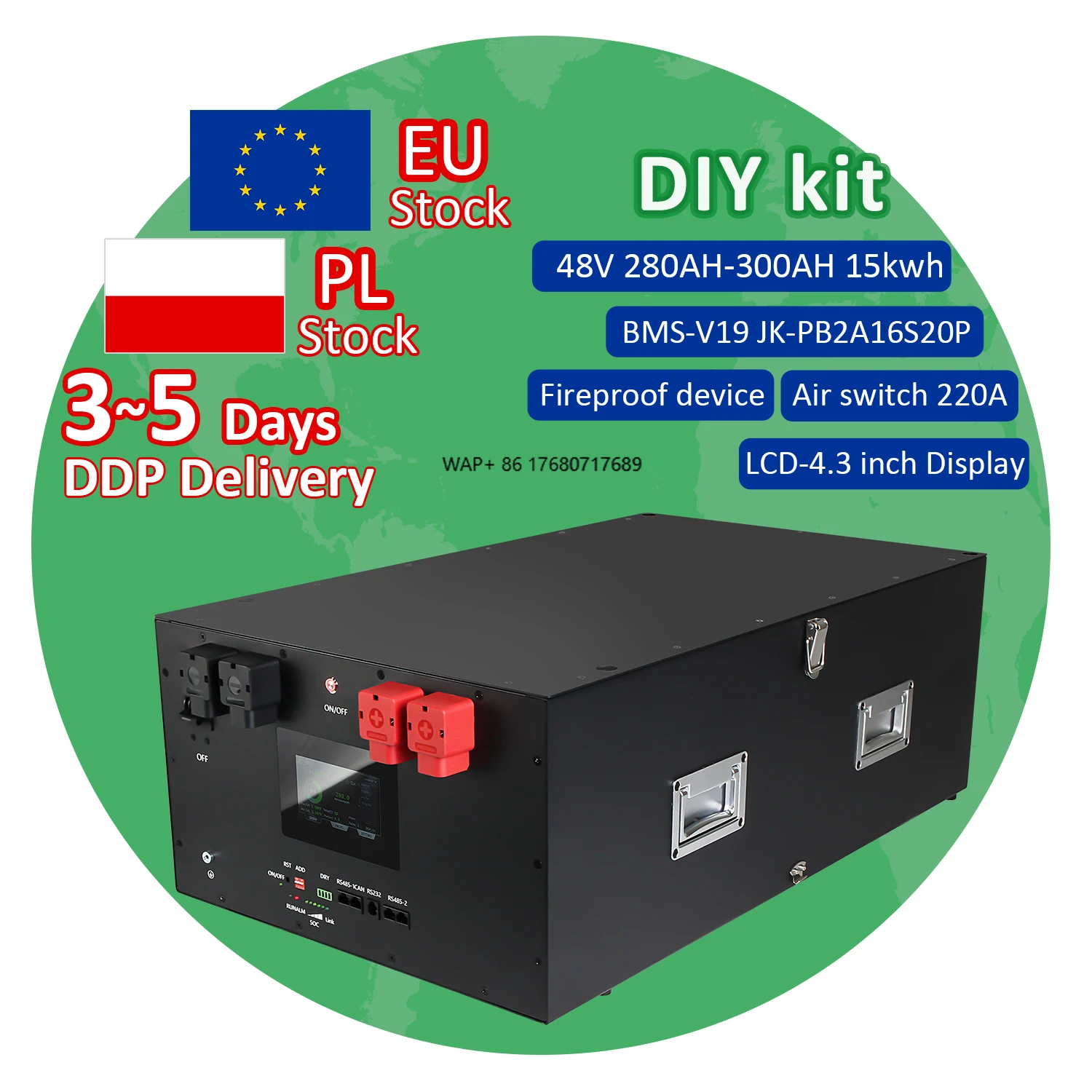 

New JK Inverter BMS V19 4.3 LCD 48V 280AH 15KW Solar Home Energy Storage LiFePO4 Battery Case Bank Box DIY Kit for 280AH 302AH