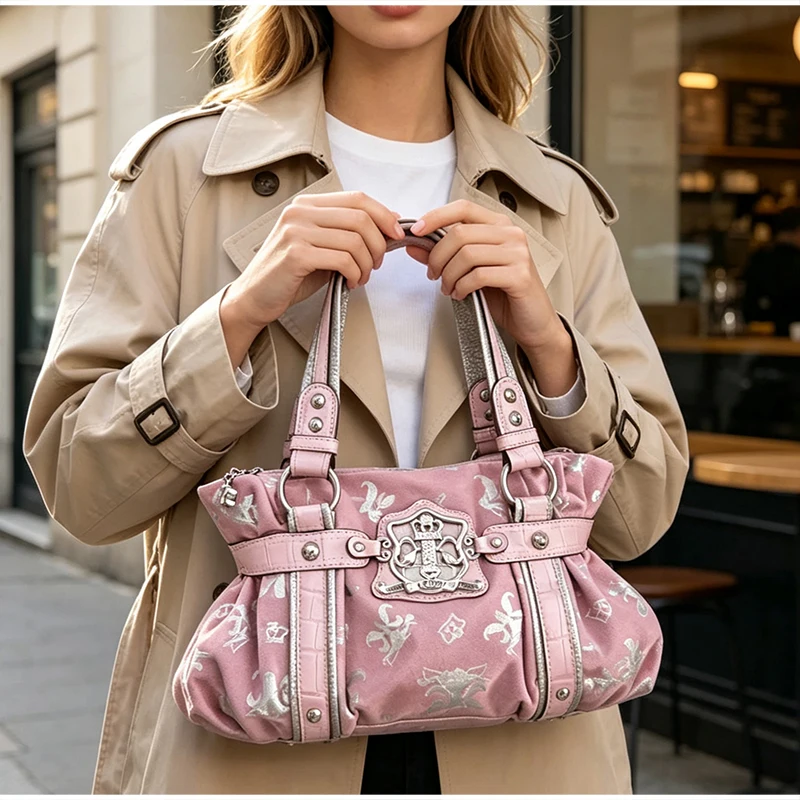 Koreanische Y2K-Style-Schultertasche, süßes, trendiges Design mit rosa Aufdruck, Damen-Tragetasche, Vintage-Nieten-Dekor, leichte, gerüschte Handtasche für den Alltag – Detail 19