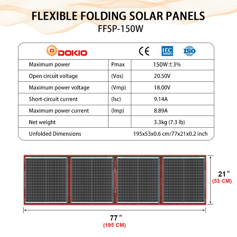 Dokio 97W 150W 195W 295W Panel solar plegable portátil con controlador de 12V Panel solar flexible para viaje de acampada familiar