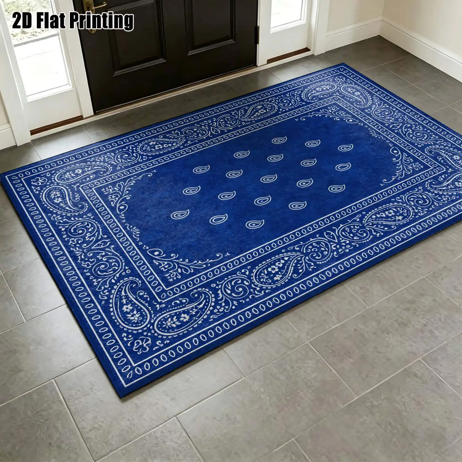 1Pc 2D Printed Blue Paisley Pattern Nordic/Instagram Style Modern Minimalist Vintage Geometric Striped Carpet, Multi-Size Machine Washable Home Decor Floor Mat for Entrance, Dining Room, Foyer, Living Room, Bedroom