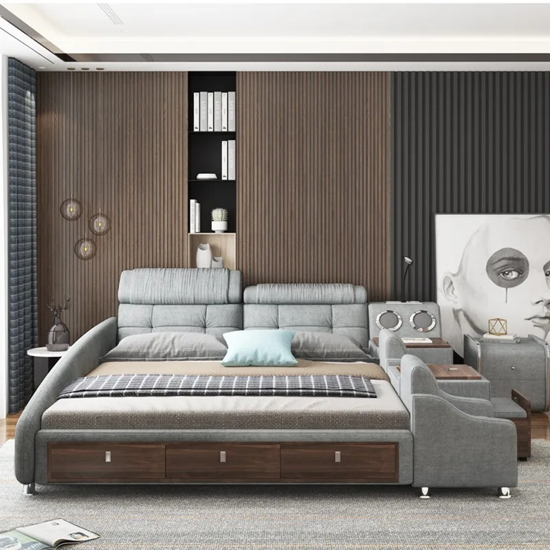Nordic Storage Vanity Multifunctional Upholstery Bed, Modern Simple Bedroom Tatami Double Fabric Bed