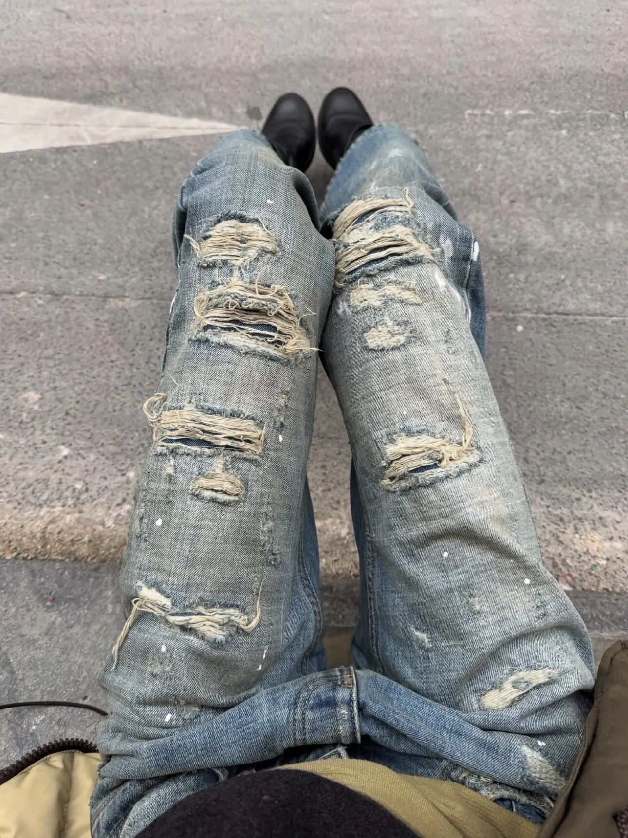 No Faith studios hand-sewn worn ripped ink-splashed straight boot jeans