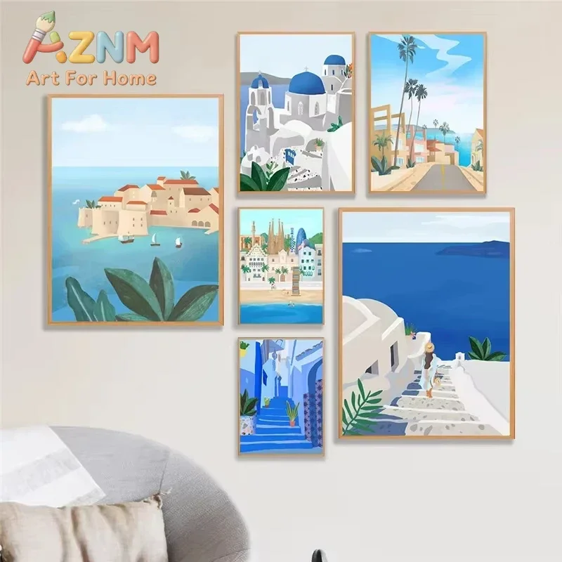 1pc Summer Blue City Art Poster Barcelona Morocco Santorini Girl Wall Decoration Canvas Painting Home Living Room Art Decoration