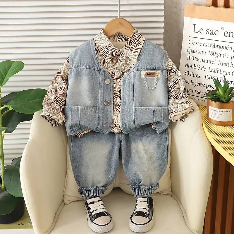2025 ربيع الخريف جديد بيبي بوي الملابس 12 18 شهرا بلون سترة جينز + قمصان + السراويل الاطفال الفتيان أول عيد ميلاد الزي مجموعة #2