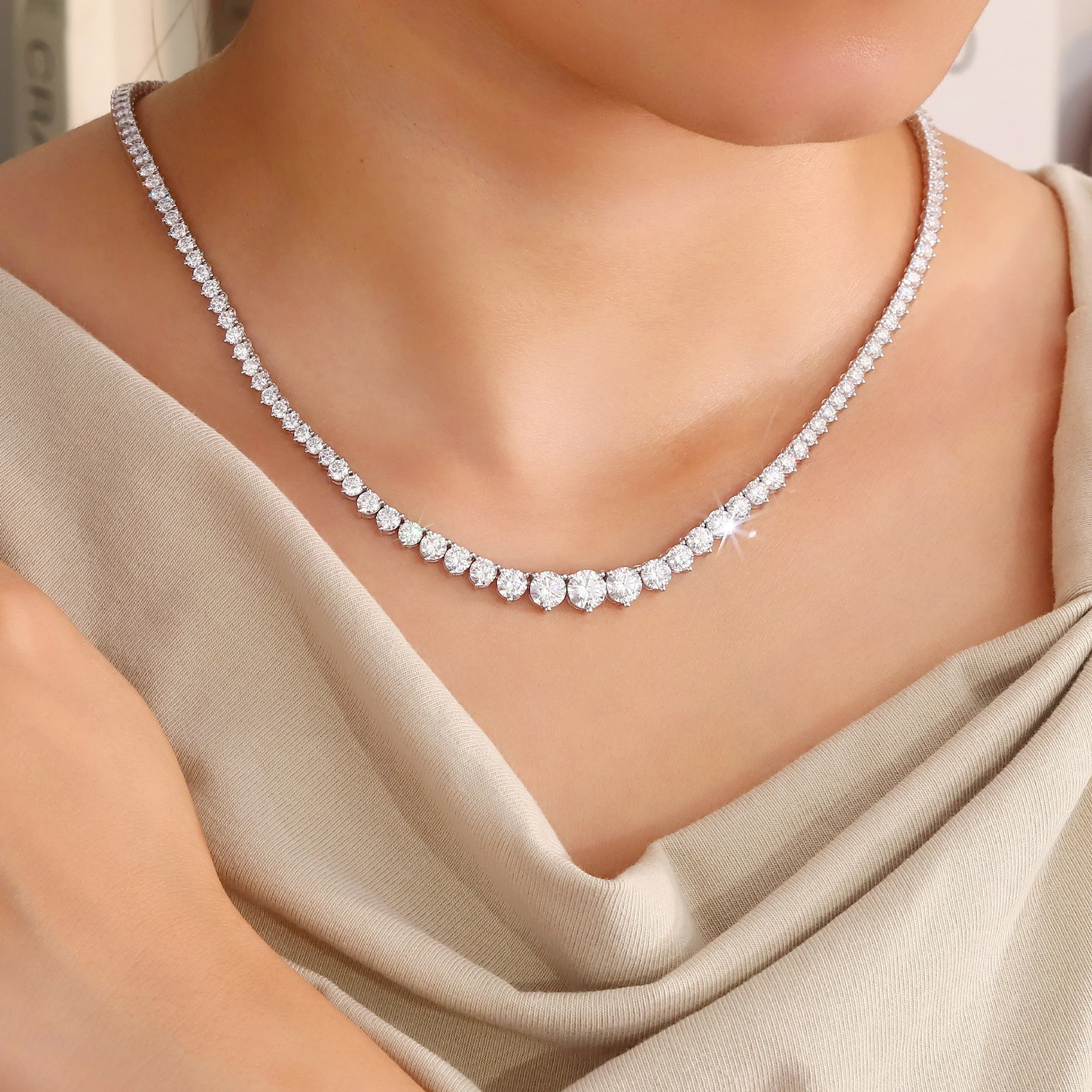 Provence 14K Solid Gold Tennis Necklace for Women Round Cut Gradiant Necklace AU585 Moissanite Necklace for Mom Choker Necklaces