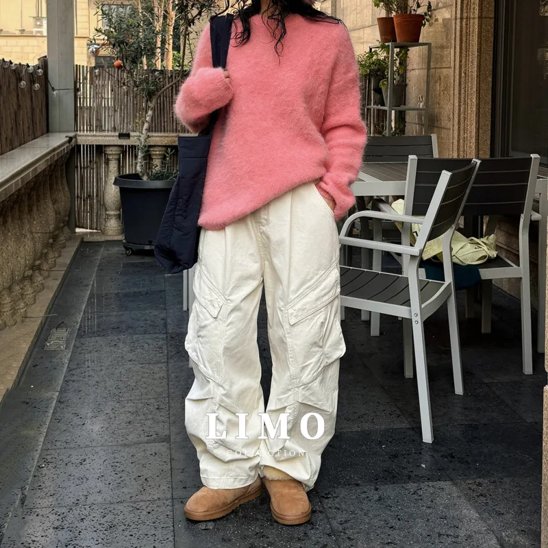 เสื้อไหมพรมถักลำลองสำหรับผู้หญิง คอลเลคชั่นฤดูใบไม้ผลิ/ฤดูร้อน ปี 2025 ดีไซน์เรียบง่าย ผลิตจากเส้นด้ายอัลปาก้าเนื้อหนา สวมใส่สบาย สไตล์สตรีทแวร์