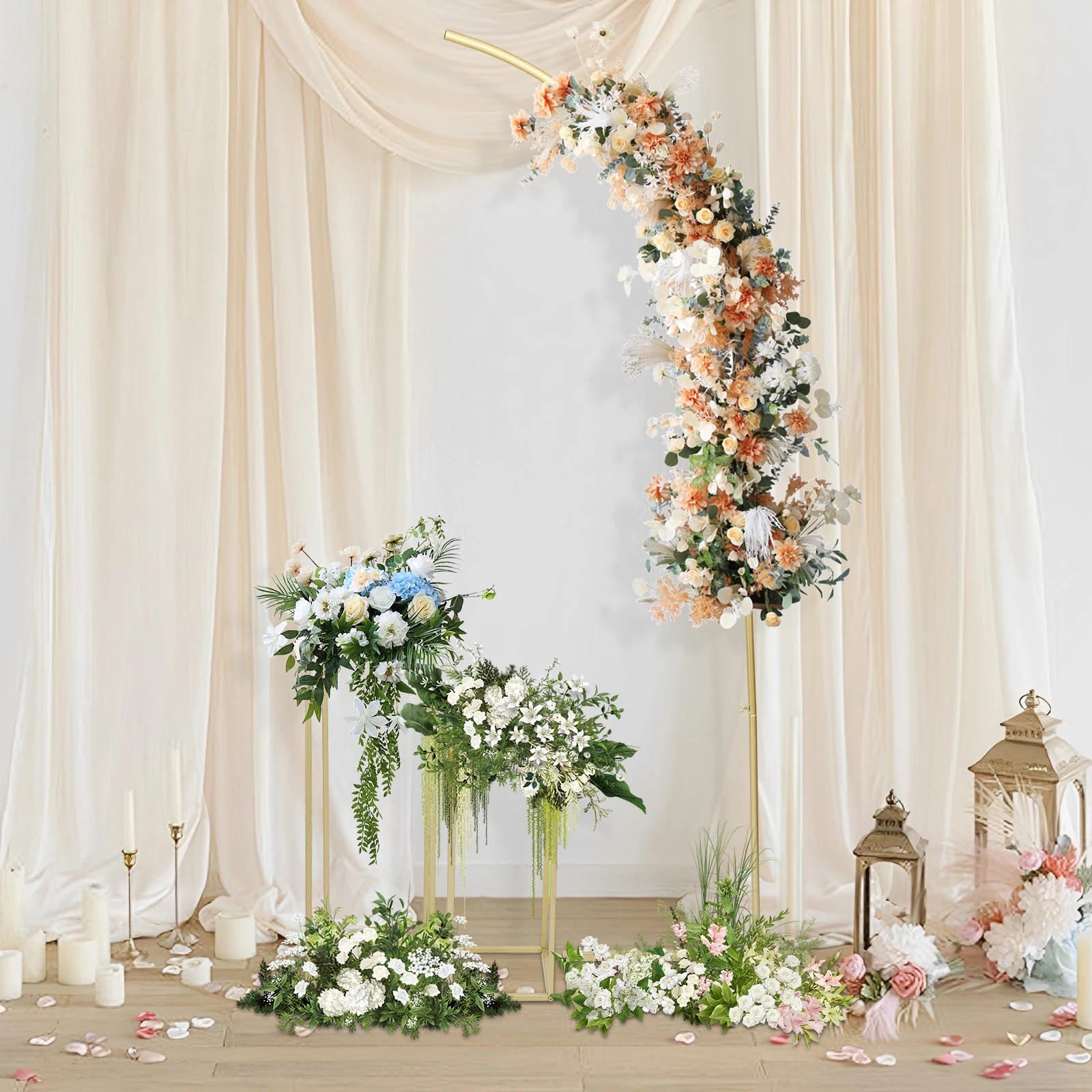 

2 Meter Arch Stand Beautiful Wedding Stand Backdrop Ballon Rack with 2 Flower Stands Weddings, Parties 60*20*200cm Golden/ White