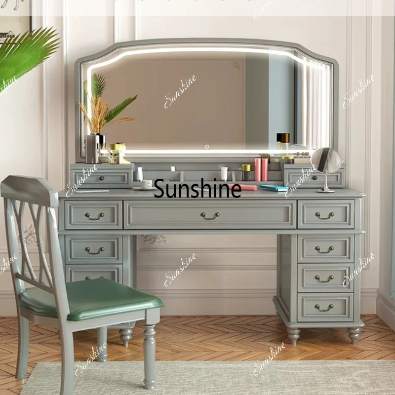 All solid wood bedroom, high-grade gray large-capacity light luxury intelligent large mirror chest with lamp