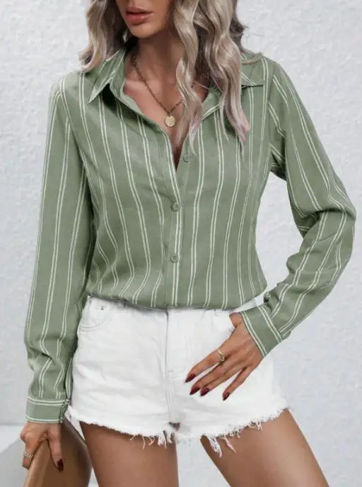 Primavera/verão moda feminina listrado camisa solta manga longa estilo de deslocamento nova chegada para senhoras