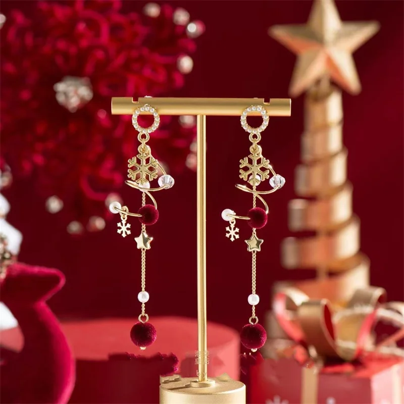 

Christmas Star Snowflake Bell Hanging Earrings for Women Delicate Velvet Bow Xmas Tree Long Tassel Earring Party Jewelry Gifts