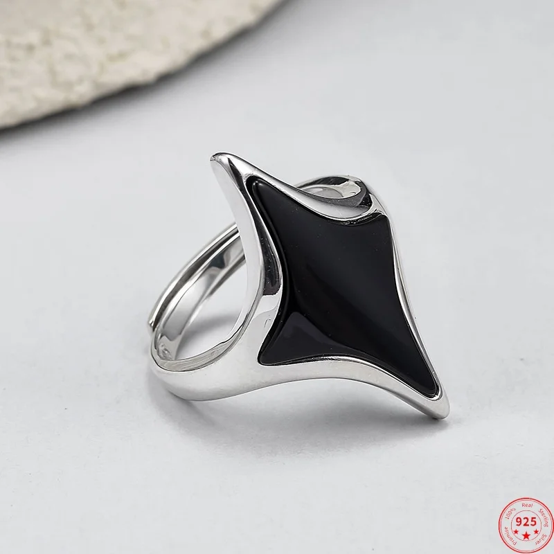 

S925 Sterling Silver Charms Ring for Women Men Classic Style Cross Rhombus Black Agate Adjustable Fashion Jewelry Wholesale