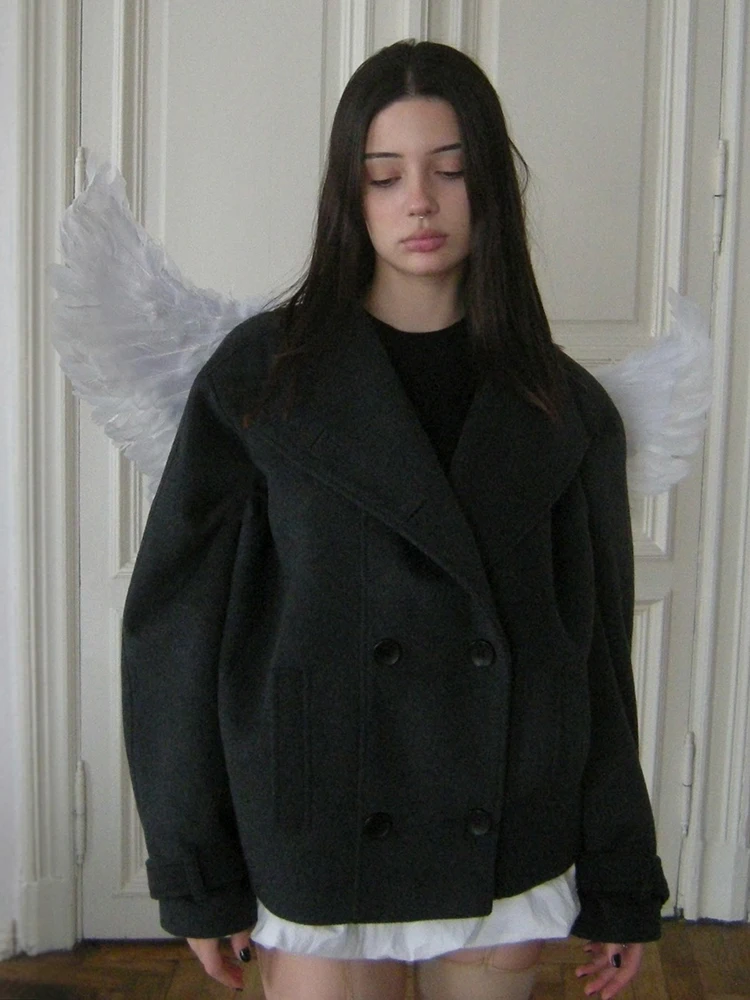 2026 Modischer Grauer Kunstwollmantel für Damen, Minimalistischer Stehkragen, Doppelreihige Lose Jacke, Frühling/Herbst, Einfarbige Damen-Oberbekleidung, Neu – Detail 6