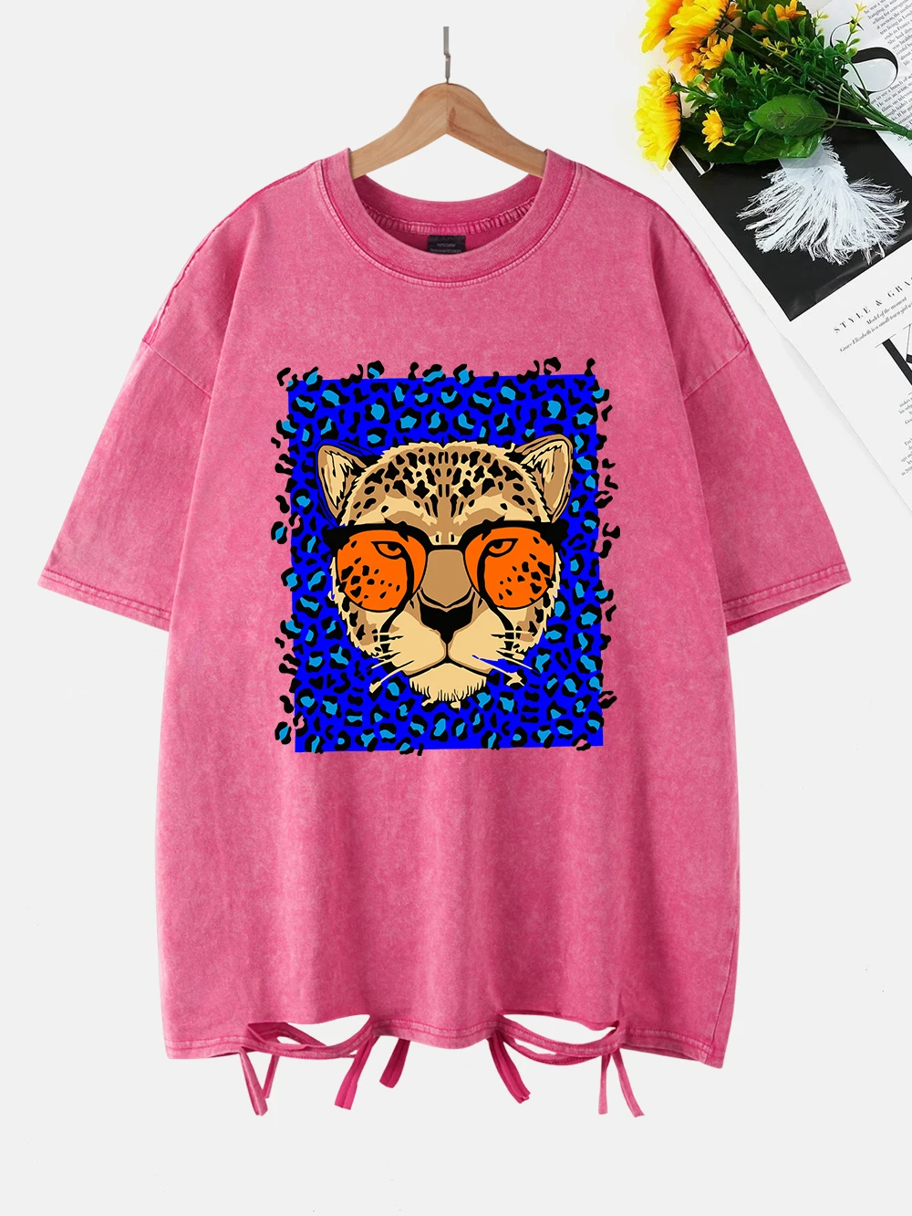 

Comic Cheetah Printing Washed T-Shirts Womens Cottont Shirts O-Neck Oversize Acid Wash Short Sleeve Tops Casual Woman Clothes