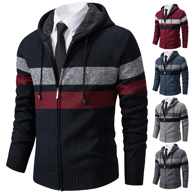 2023 New Autumn and Winter Striped Hooded Sweater Men's Coat with Velvet Padded Warm Knit Cardigan