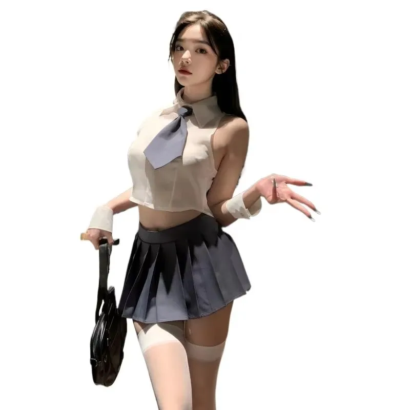 

Sexy Lingerie School Girl Cosplay Costumes Perspective Top with Mini-Skirt Sailor Outfit Gray White Erotic Uniform Sexy Costume