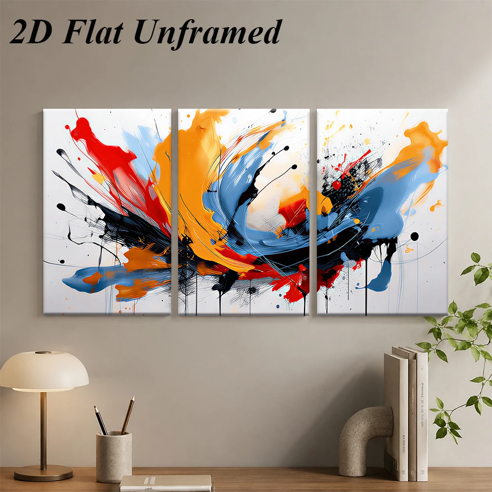 3PCS Frameless,1 set of modern abstract triptych frameless decorative paintings, blue orange red contrasting ink splatter art pa