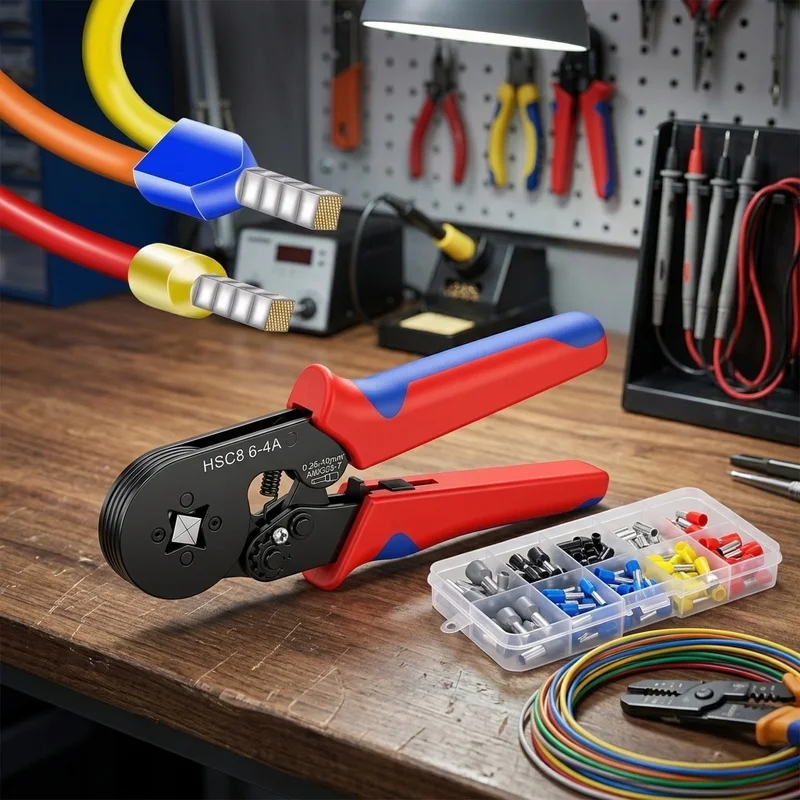 HSC8 6-4A Wire Ferrule Crimping Tool Set, 0.25-10mm² 23-7AWG Tubular Terminal Clamp, Square Crimp Pliers for Electricians