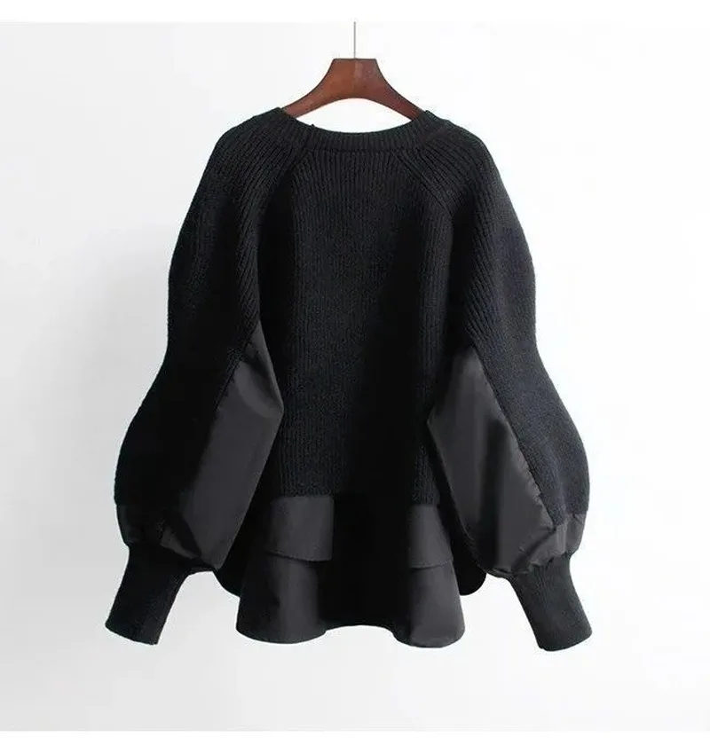 Fake Two Pieces Loose Knitted Sweater Women Autumn Winter Patchwork Casual Pullover 2024 Korean Fashion Elegant New Knitwears