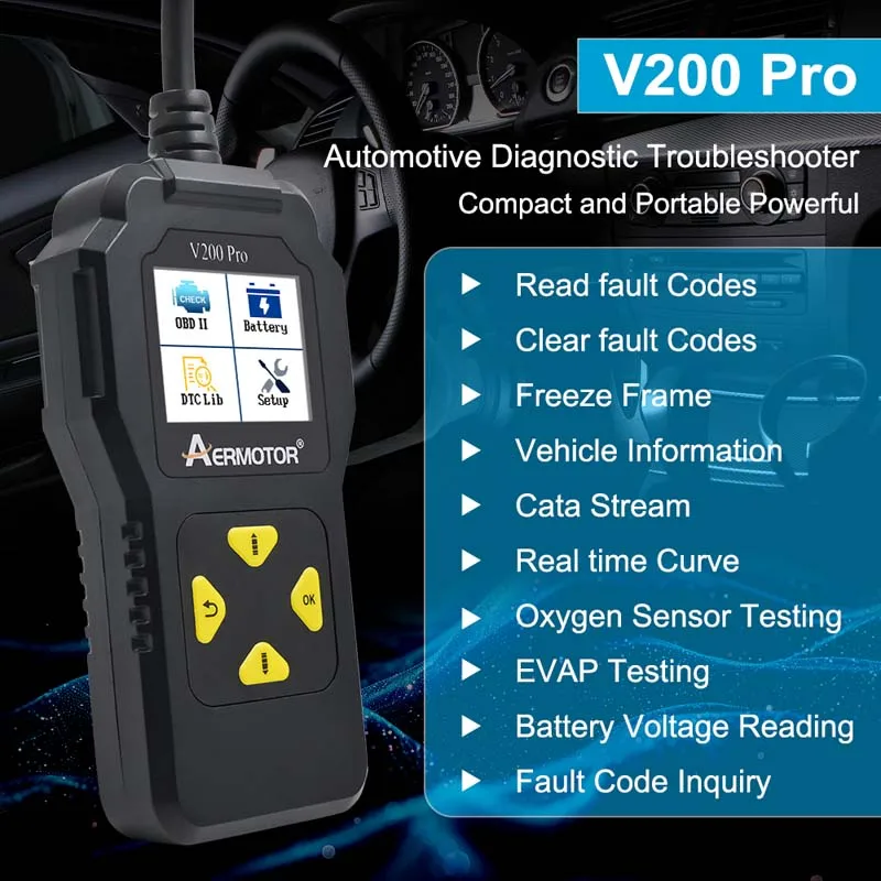 AERmotor V200 Pro Read and Clear Engine Warning Light Codes OBD2 Scanner Tools