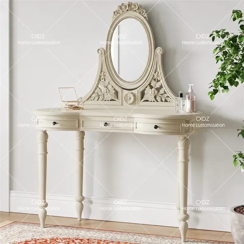 Solid Wood Carved Flower Dressing Table Modern Cream Style Simple Makeup Desk for Small Apartment Bedroom Furniture