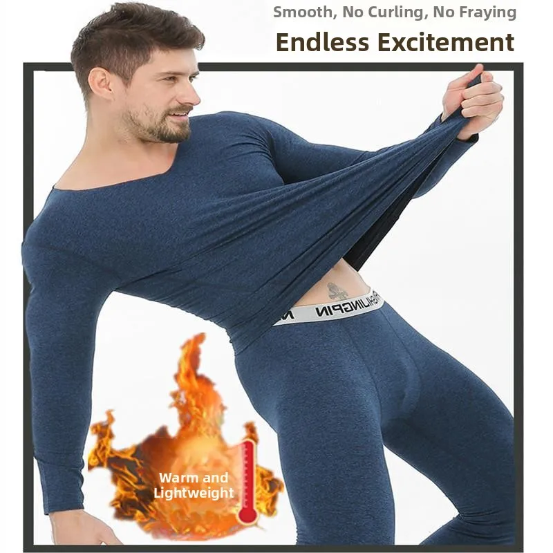 

Men's Seamless Thermal Underwear Set Thickened Fleece V-neck Invisible Warmth Generating Long Sleeve Long Pants for Autumn