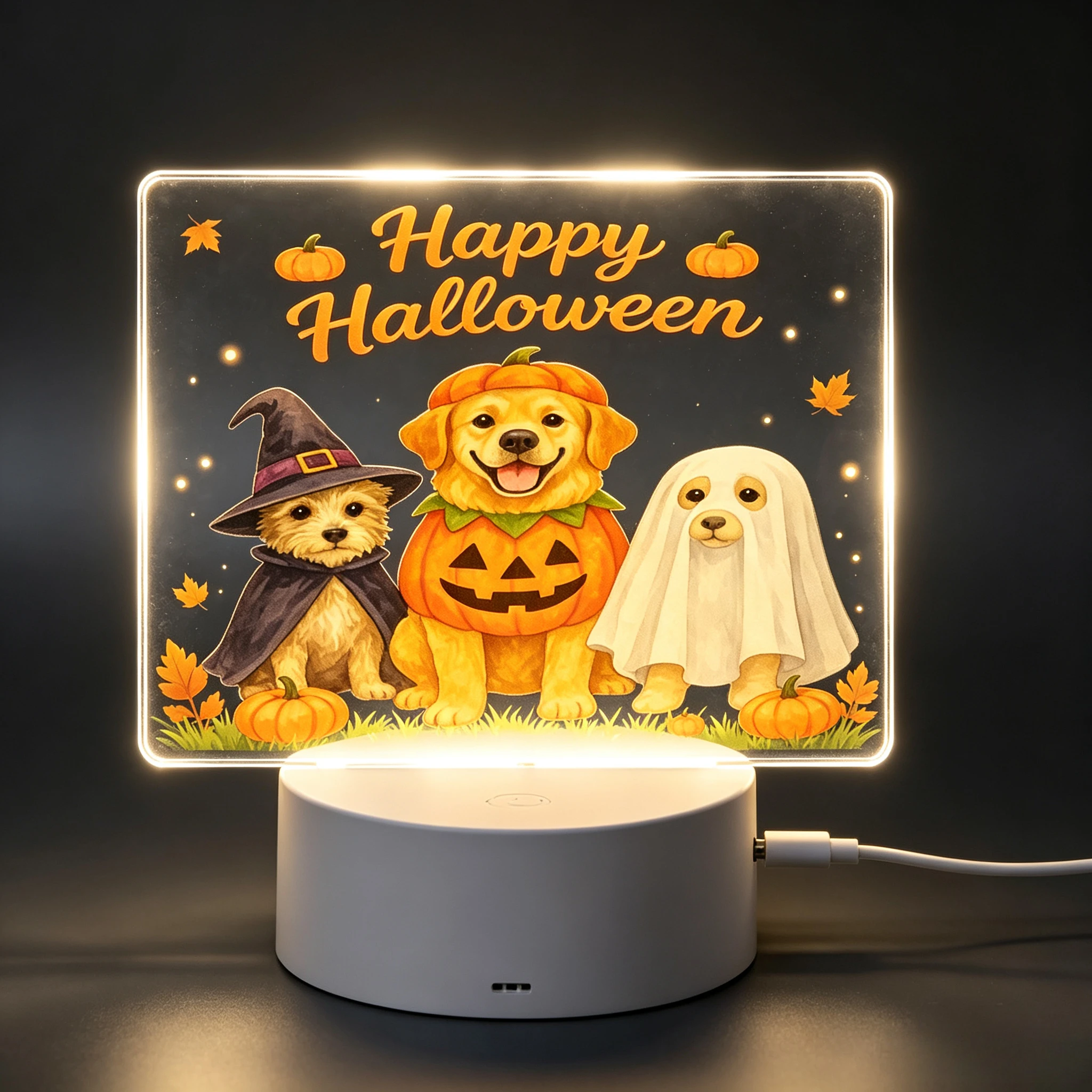 Happy Halloween Costumed Dogs Acrylic Night Light, Puppy Witch Ghost Pumpkin LED Lamp