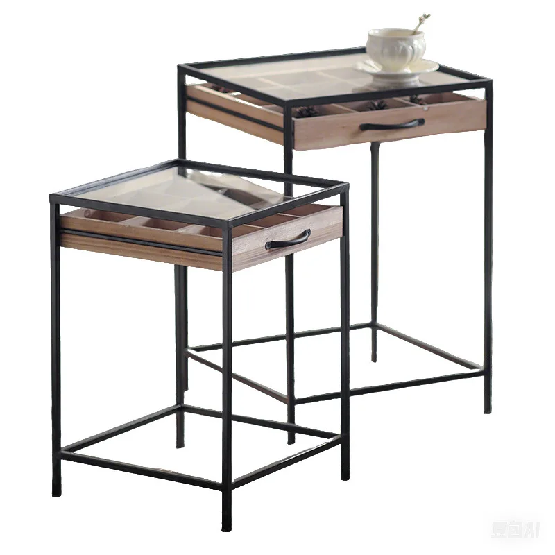 

Medieval Solid Wood Storage Small Coffee Table, Living Room Home Drawer Type Multi-grid Storage Edge Few Wrought Iron Simple