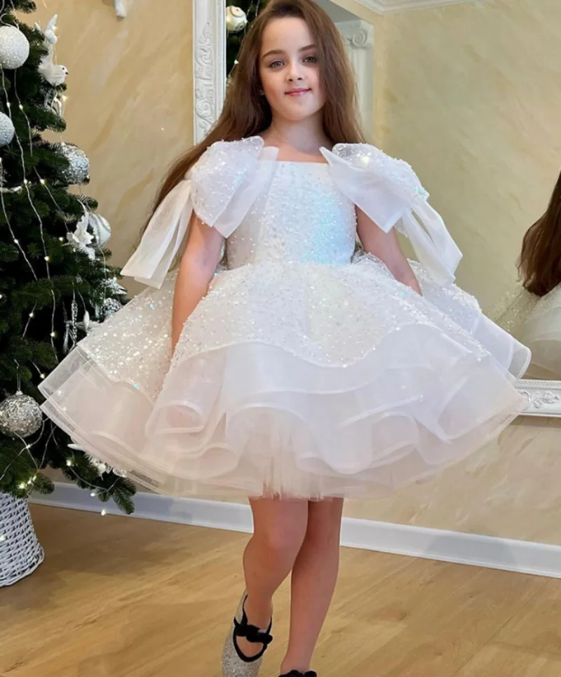 

New Fluffy Party Dresses for Girls Birthday Gown Tiered Tutu Child Girl With Big Bow Sequined Tulle Flower Girl Dress