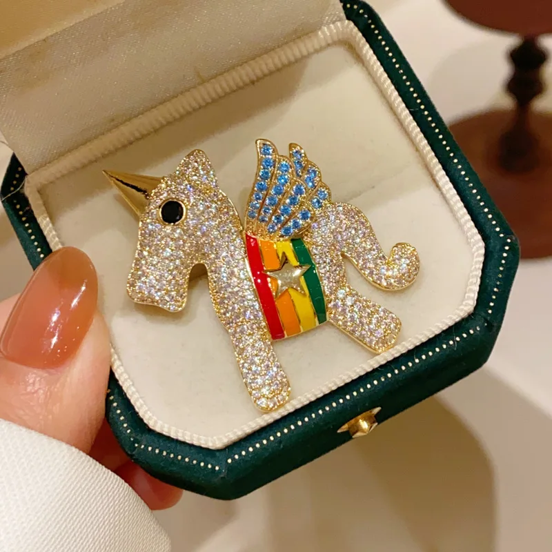 Women Unicorn Cubic Zirconia Brooch Colorful Enamel Wing Lapel Pin For Daily Wear