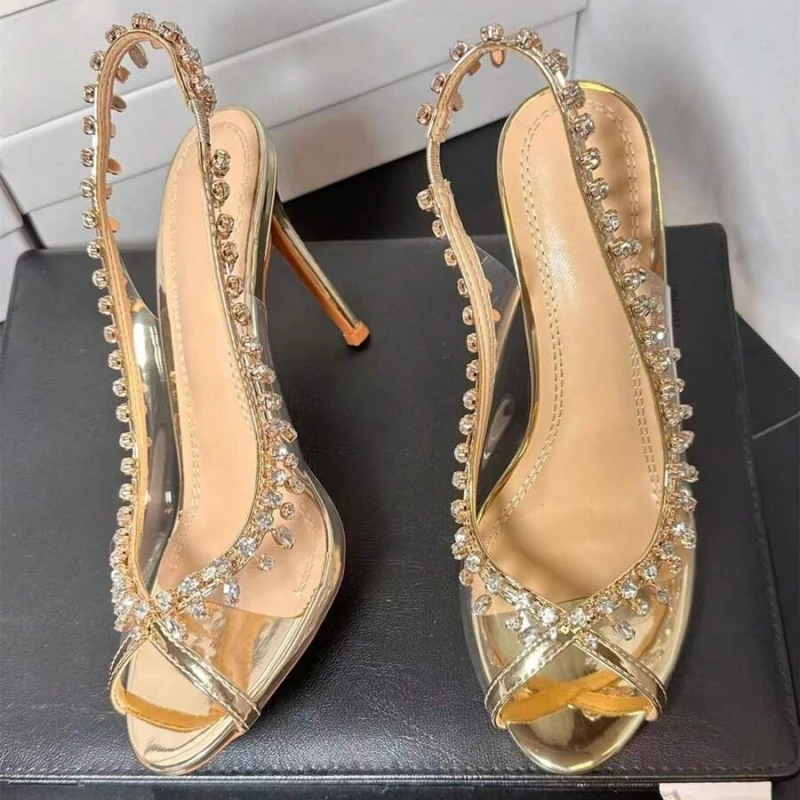 New Spring/Summer Women's High-Heeled Peep-Toe Sandals Rhinestone Chain Detail, Slingback Style, Perfect for Formal Events