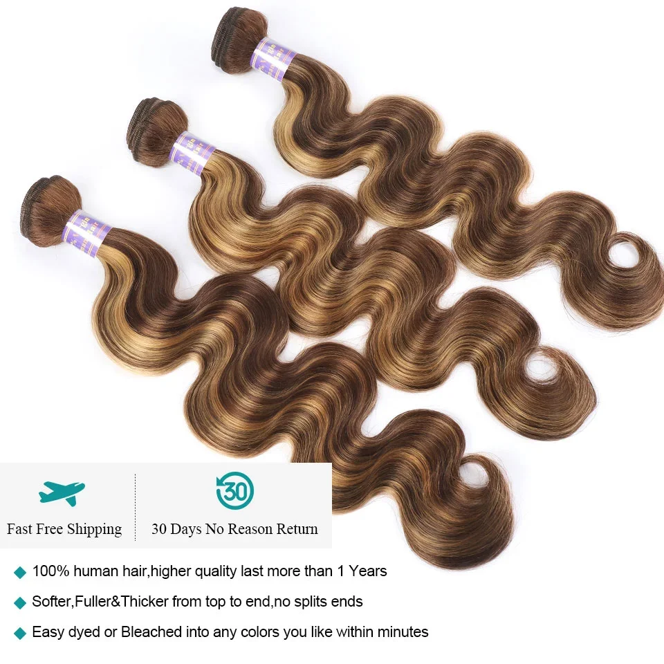 24 26 inch 1 3 4 Remy Hair Bundles Highlight Body Wave Bundles 100% Human Hair Bundles P4/27  Brown Brazilian Hair Weave Bundle