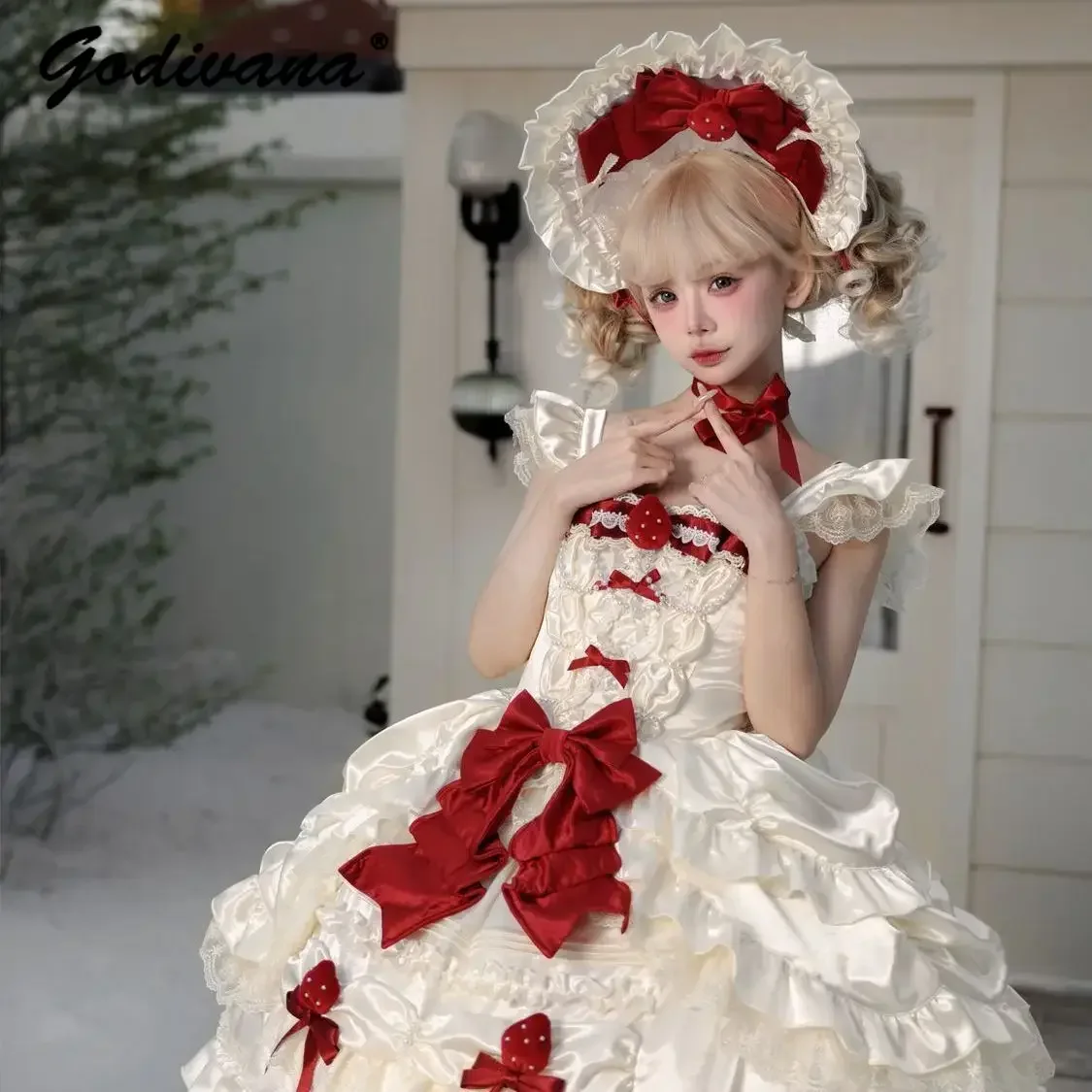 Original Sweet Cute Strawberry Lolita JSK Jumper Skirt Satin Suspender Dress Kawaii Girls Princess Tea Party Dress for Women