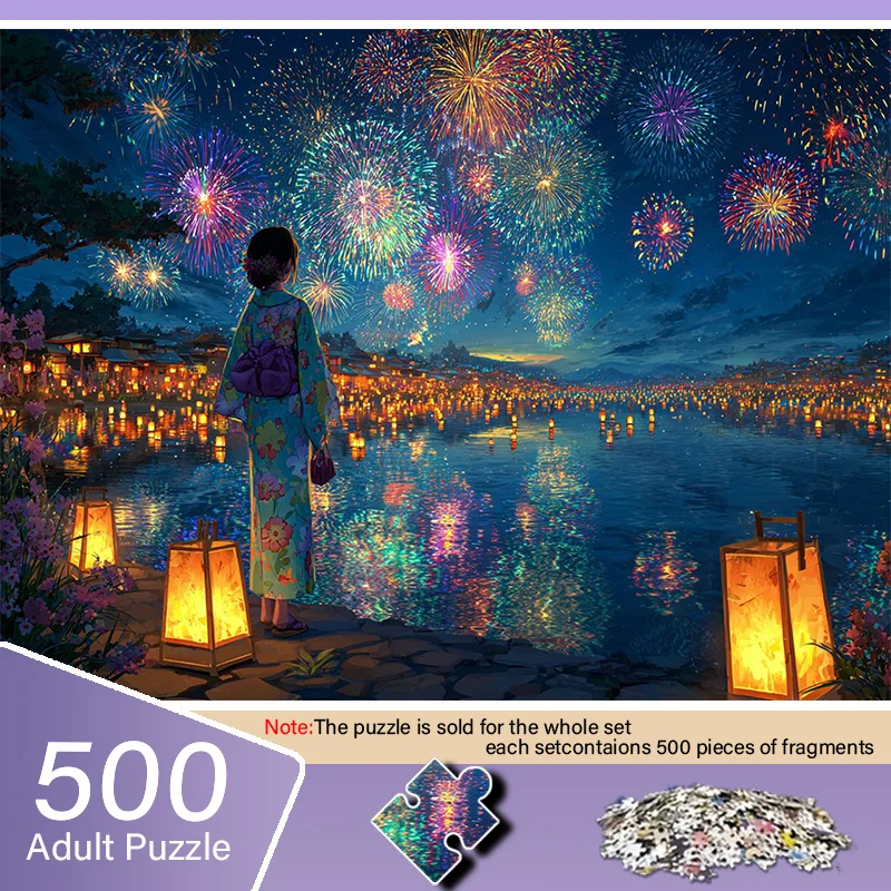 Japanese Kimono Girl River Lantern Oil Painting Paper Jigsaw Puzzle Adult Decompression Toy Scenery Home Wall Decor