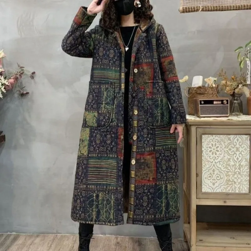 Luxury High-end Vintage Fleece Warm Cotton Coat Winter Women Floral Print Mid-length Hooded Cotton-padded Jacket Windproof Coats