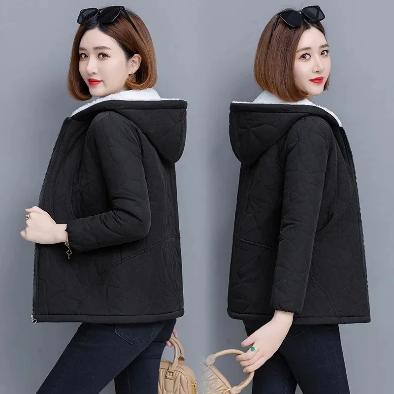 New Hooded Plus Velvet Cotton-Padded Jacket Women Parkas 2024 Warm Cotton Padded Coat Winter Slim Outerwear Fashion Female Tops