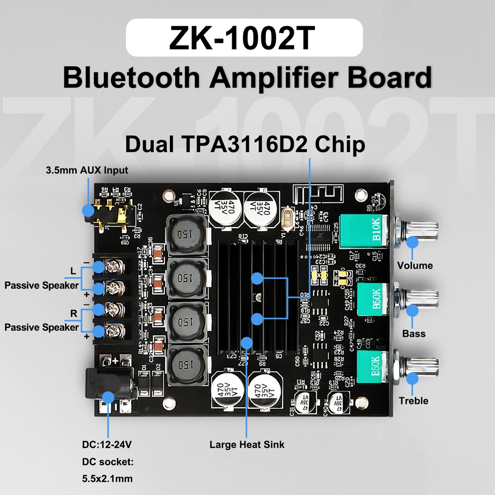200W ZK-1002T 2.0 Channel HIFI ซับวูฟเฟอร์เครื่องขยายเสียงดิจิตอล AUX BT5.0 โมดูลเสียงสเตอริโอเครื่องขยายเสียงสําหรับ Home Woopker