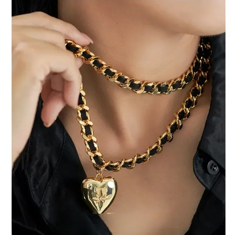 European and American personality double-layer love necklace light luxury versatile pendant temperament flannel chain small