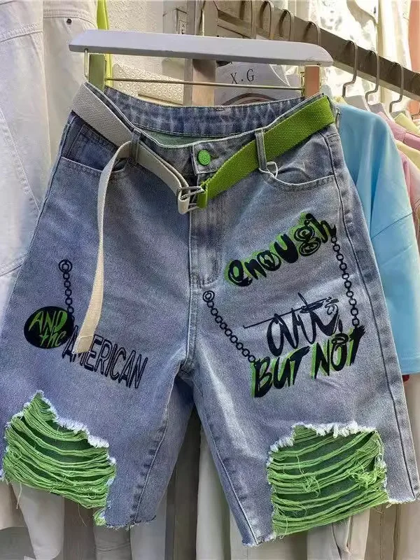 

Extra Large 300 Pou Men's Casual Straight Leg Jeans Trendy Worn Hole Wide Leg Five-Quarter Pants Youth Summer Wear