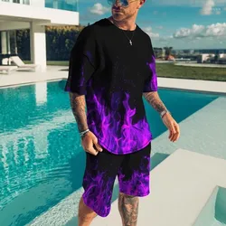 Summer new men's short sleeved shorts T-shirt set with 3D printed flame pattern casual T-shirt set with fashionable Sweatshirt