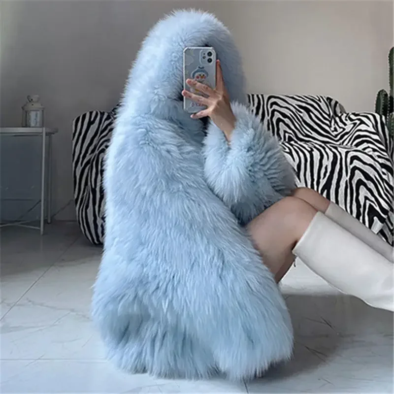 Faux Fur Jackets for Women Autumn Winter Short Bat Full Sleeve Hooded Coats Slim Spliced Thick Coat Loose Open Stitch Jacket