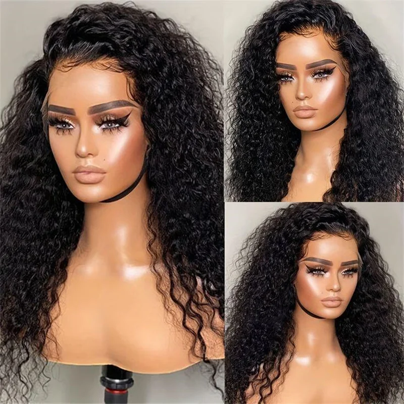 Perruque Lace Front Wig bouclée crépue noire naturelle pour femme, cheveux de bébé synthétiques, pré-épilés, doux, sans colle, long, 24 pouces, densité 180, 03/3