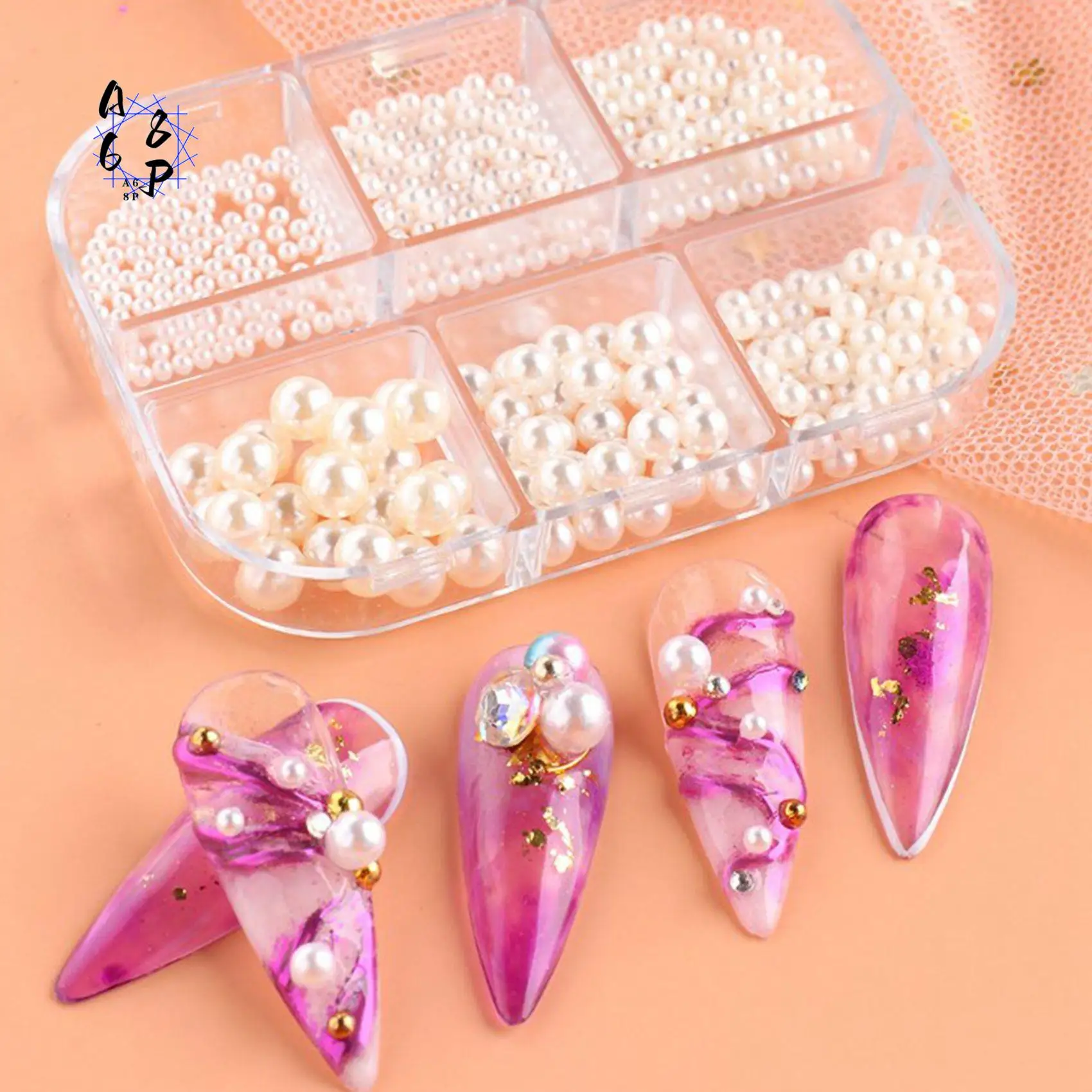 A68P-1Box Pearl Decorations Nail Charms White Round Nail Parts Gold Steel Beads Balls Jewelry Nail Art Accessories