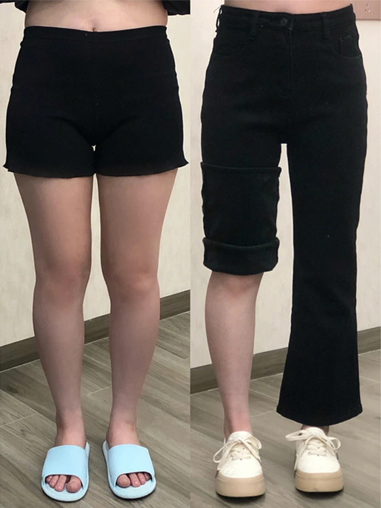 

Расклешенные джинсы с высокой талией, женские весенне-осенние новые брюки с вырезом на животе, большие размеры, утягивающие черные прямые брюки из девяти предметов