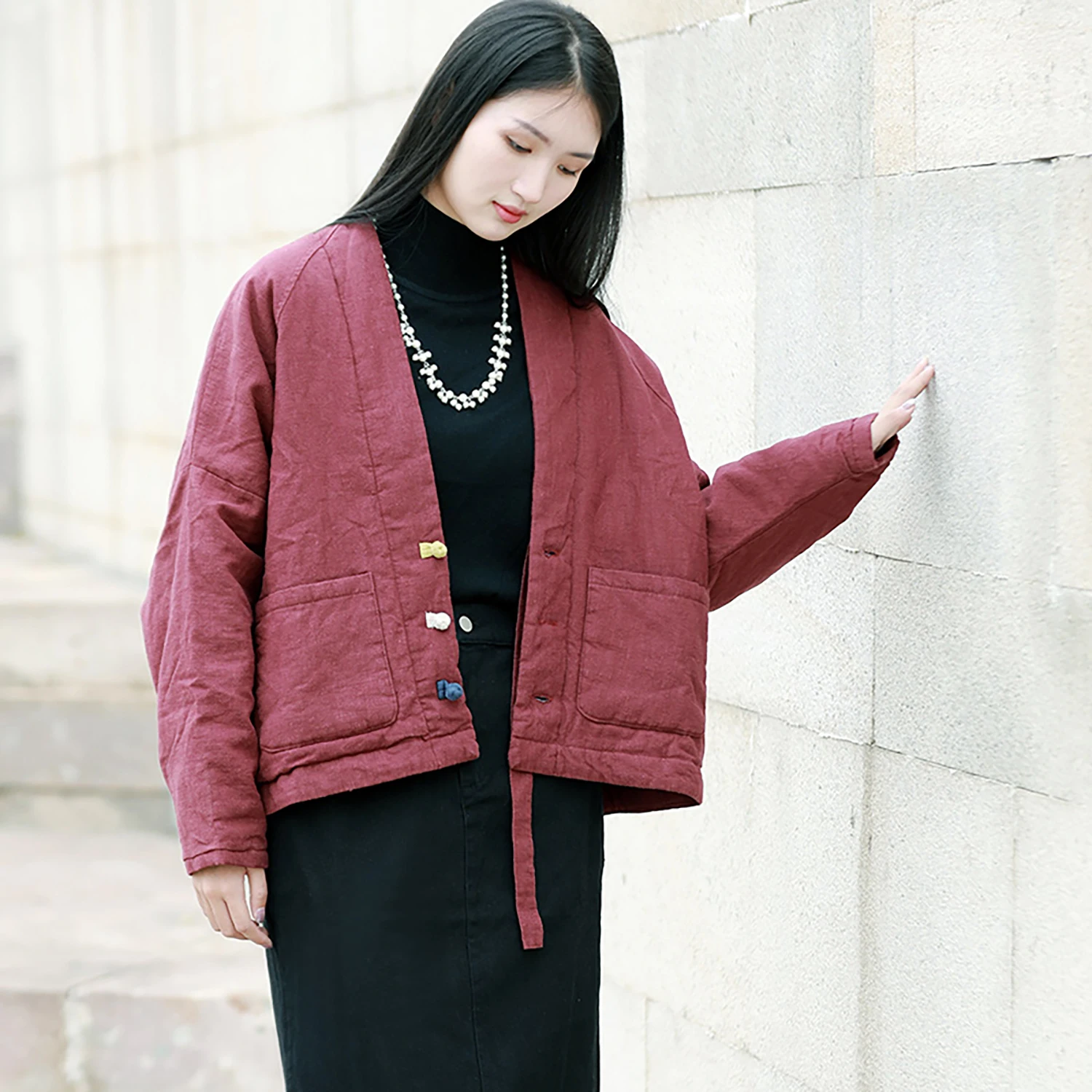 

LZJN Women's Winter Padded Vintage Coat with Handcrafted Frog Buttons, V-neck, Solid Color, Loose and Casual Cotton-blend Jacket