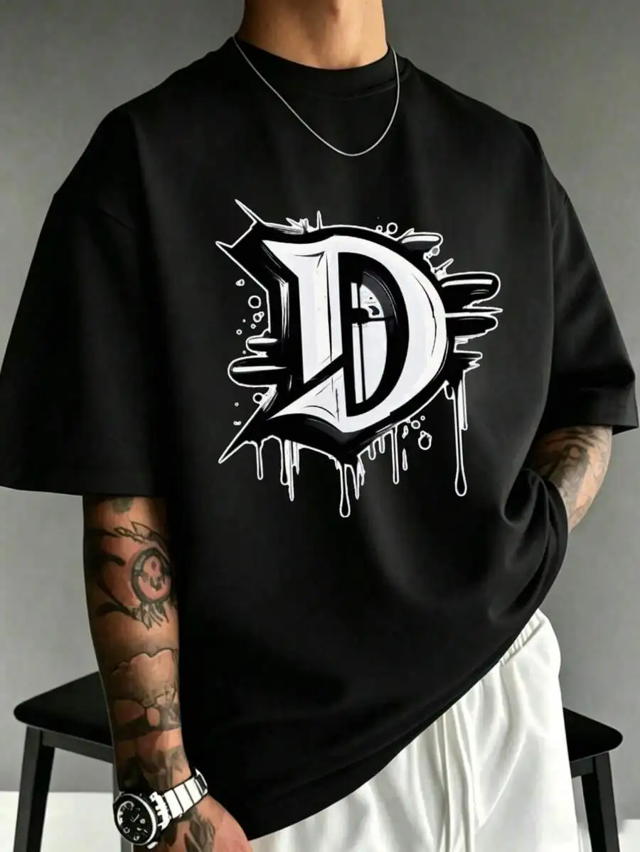 Men Streetwear Style Cotton Graphic Tees With Drip Letter D Design Oversized Fit For Urban Fashion Lovers Casual Wear Party Outfit Fathers Day Gift